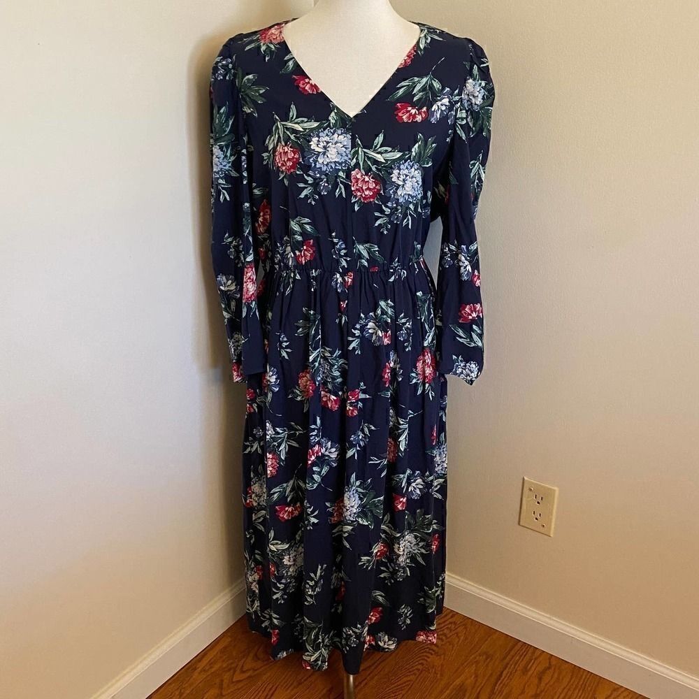 NEW Banana Republic Navy Floral Midi Dress Large